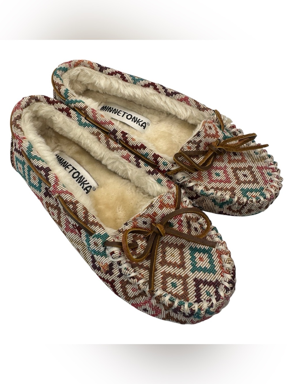 Minnetonka Cally Women's Moccasins Cream Aztec Southwest Faux Fur Lined Size 5